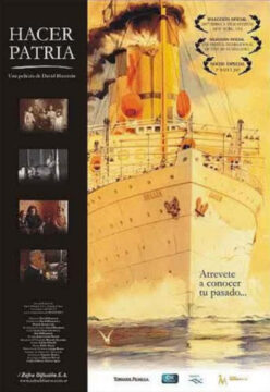 Hacer patria. Cartel del documental. Se ve un barco mercante antiguo. Es una ilustración donde predomina el color amarillo.