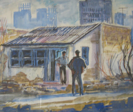 Póster del cortometraje "La casa" en el que aparece una pintura de una casa y dos hombres que se encuentran en la puerta pintado en acuarela.