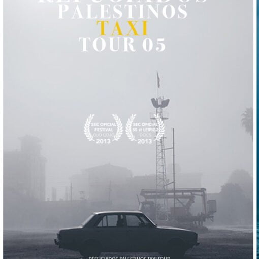El cartel promocional de Refugiados Palestinos Taxi Tour 05 busca captar la atención del espectador transmitiendo visualmente el tono reflexivo y crítico del documental. A través de una composición minimalista, donde un taxi solitario se perfila entre la neblina de un paisaje urbano apagado, la imagen simboliza el largo viaje del pueblo palestino en el exilio. El título destacado y los laureles de festivales sugieren tanto la dimensión política como el reconocimiento internacional de la obra. Su propósito es informar sobre el contenido del film, evocar una atmósfera de incertidumbre y desplazamiento, y generar interés por una historia marcada por la memoria, el desarraigo y la resistencia silenciosa.