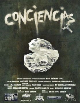 Cartel de la película Conciencias. El color del cartel es un gris envejecido y en medio es un papel arrugado con letras.