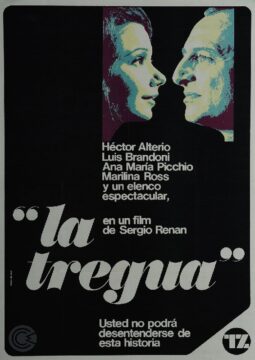 Cartel de la película La tregua. Sobre fondo negro, se muestran en primer plano los rostros enfrentados de un hombre y una mujer en estilo ilustrado