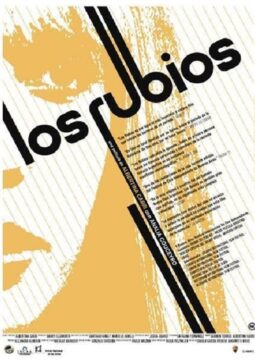 Cartel de la película Los rubios. El fondo muestra un retrato difuso en tonos beige y blanco, con líneas diagonales.