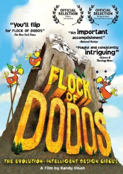 Cartel de la película "Multitud de dodos". Sale el título de la pelicula en amarillo, detras hay un cielo nublado. A su alrededor hay dibujos de dodos.