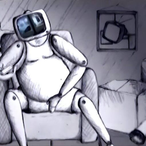 Robot con cabeza de TV cansado sentado en un sillón, rodeado de cajas en una habitación oscura y un mando de tv en la mano.