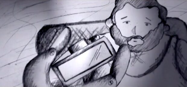 Una ilustración en blanco y negro muestra a una persona con barba sosteniendo un mando de television.