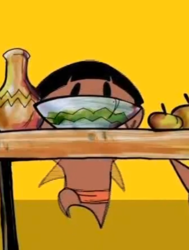 Caricatura de un niño indio frente a una mesa llena de manzanas y jarrones sobre un fondo amarillo,