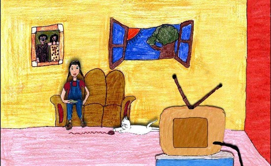 Fotograma del corto Puertecitas muestra en una casa animada con crayones y lápices de colores muy coloridos de una niña pequeña.