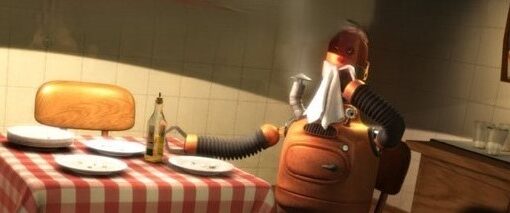 Fotograma de la película calle de las tulipas. Un personaje de animación que es un robot sentando en una silla en la cocina tras terminar de comer.
