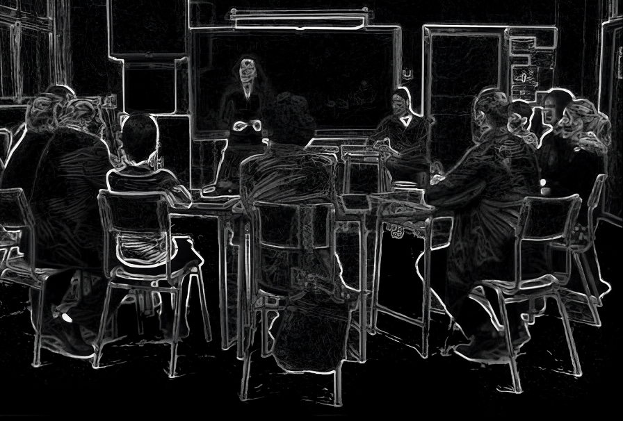 Reunión de padres y madres sentados en círculo dentro de un aula escolar, debatiendo de forma tensa frente a una pizarra.