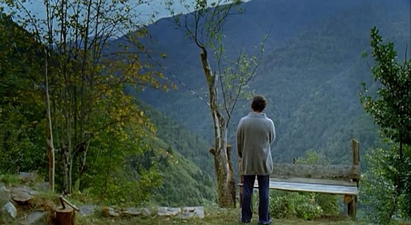 Un hombre de espaldas observa un valle montañoso cubierto de árboles, desde un claro junto a una plataforma de madera.