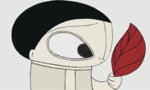 Un dibujo abstracto de un chico que mira una hoja roja