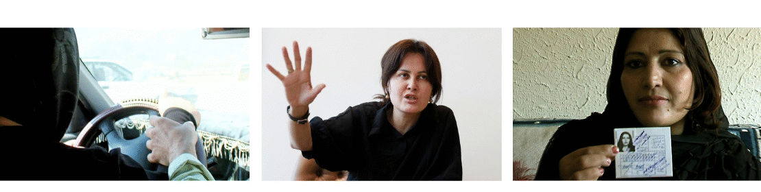En la imagen se puede ver, de izquierda a derecha, una afgana conduciendo, la directora Sahraa Karimi y una afgana mostrando su carnet de conducir.