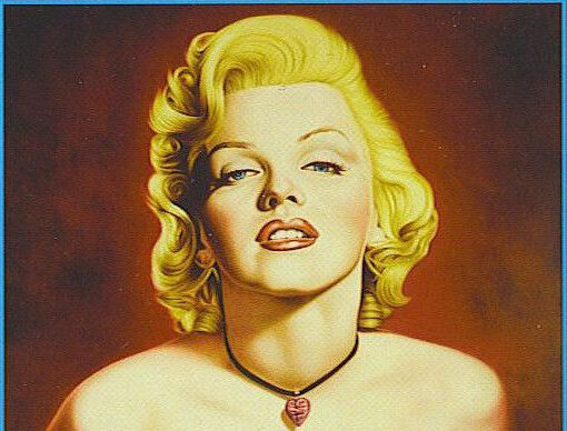 En el centro, una figura femenina inspirada en Marilyn Monroe aparece con rasgos distorsionados y una sonrisa exagerada