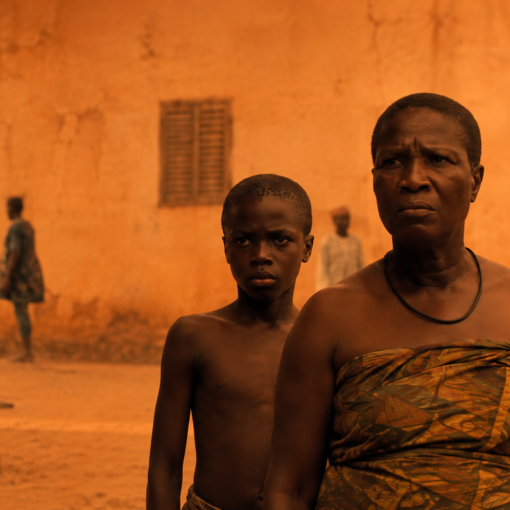 Mujer y niño en un patio africano, con una ambientación cálida y tonos anaranjados.