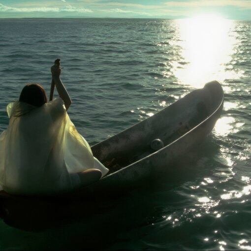 Imagen de Marina, la esposa del pescador remando en el mar en su pequeño bote hacia el horizonte bajo el sol del atardecer