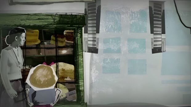 Fotograma animado con una mujer en escala de grises y una figura de niño estilizada frente a un estante de tartas, con un fondo abstracto de tonos verdes y azules.