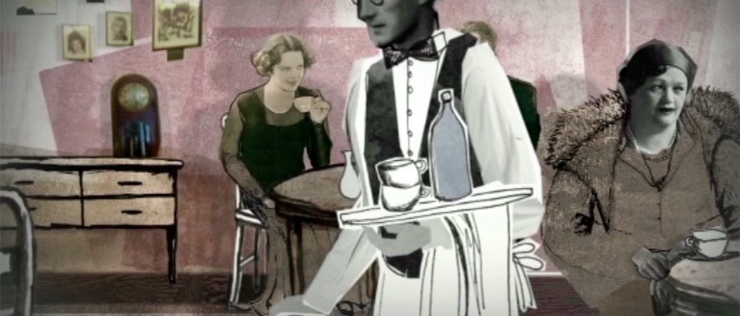 Un camarero de los años 20 con gafas y pajarita sirve en una cafetería ilustrada con personas sentadas.