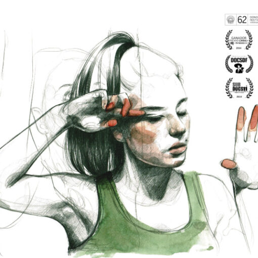 Ilustración artística de una joven con el cabello recogido en una coleta alta, vestida con una camiseta sin mangas verde.