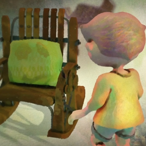 Animación de un niño de camiseta amarilla acercándose a una vieja y desgastada silla mecedora de madera.