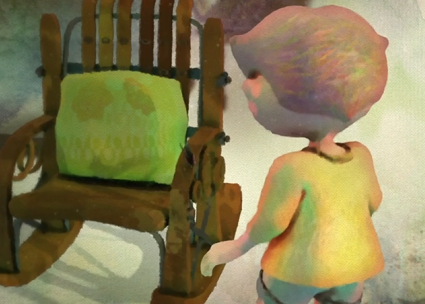 Animación de un niño de camiseta amarilla acercándose a una vieja y desgastada silla mecedora de madera.