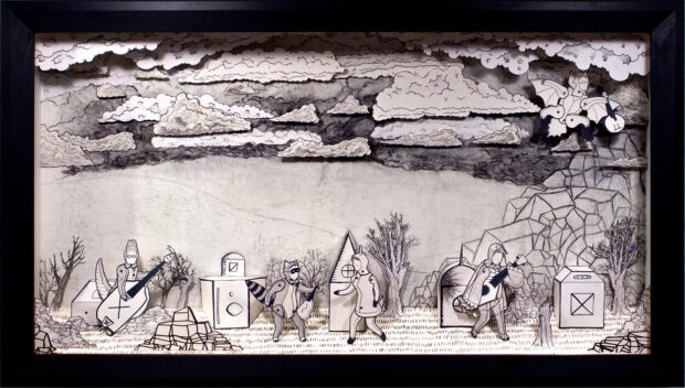 Rapsodia contracorriente. Fotograma de la animación. Se ve un dibujo en blanco y negro con cinco personajes en un paisaje rocoso y desolado.