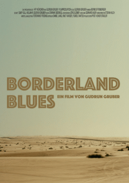 Cartel de la película Borderland Blues, con un paisaje desértico amplio y vacío.