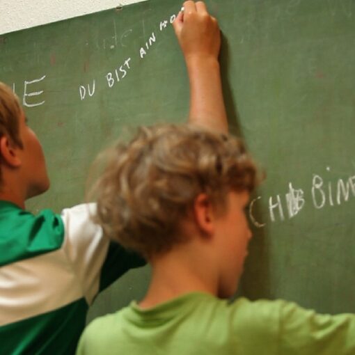 Dos chicos escriben con tiza en una pizarra, concentrados en lo que están haciendo. La escena transmite un ambiente de aprendizaje y colaboración.