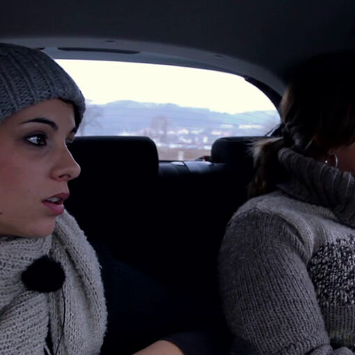 Dos chicas, con el rostro de asombro, están dentro de un coche mirando por la misma ventana. La luz neutral entra a través de los cristales.