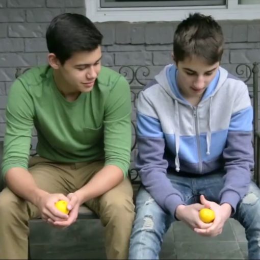 > Dos chicos. Uno lleva un hoodie azul gris claro con gris oscuro y un jean; el otro, un hoodie verde y pantalones beige. Cada uno sostiene un limón amarillo. El de verde mira las manos del otro.