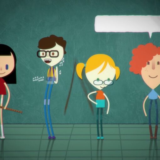 Fotograma de la película Suceden cosas asombrosas en el que aparecen cuatro niños vestidos de colores llamativos en animación.