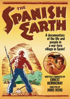 Cartel de la película Tierra de España.  Dibujaron a un hombre en el campo con un arma y una herramienta de arar.