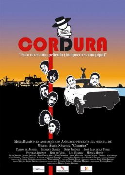 Cartel de la película española "Cordura". Presenta un título grande, retratos de actores y un coche blanco dibujado.