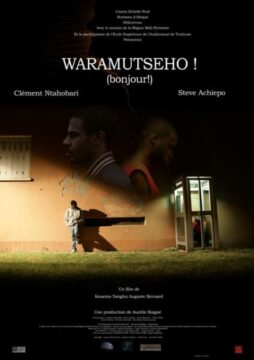Cartel de ¡Hola!-Waramutsého presenta una película que habla sobre el genocidio de Ruanda. Se ve a un hombre contra la luz y la sombra.