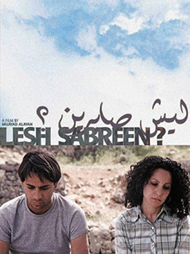 Cartel del documental “Lesh Sabreen?” con una pareja joven palestina sentada al aire libre y el título escrito en árabe e inglés sobre un fondo de cielo.