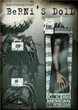 La muñeca de Berni. Cartel del corto. Se ve una pared típica de ferretería vendiendo herramientas y un brazo de muñeca gigante.
