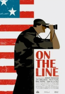 Cartel dibujado de un militar con unos prismáticos observando bajo una bandera de estados unidos