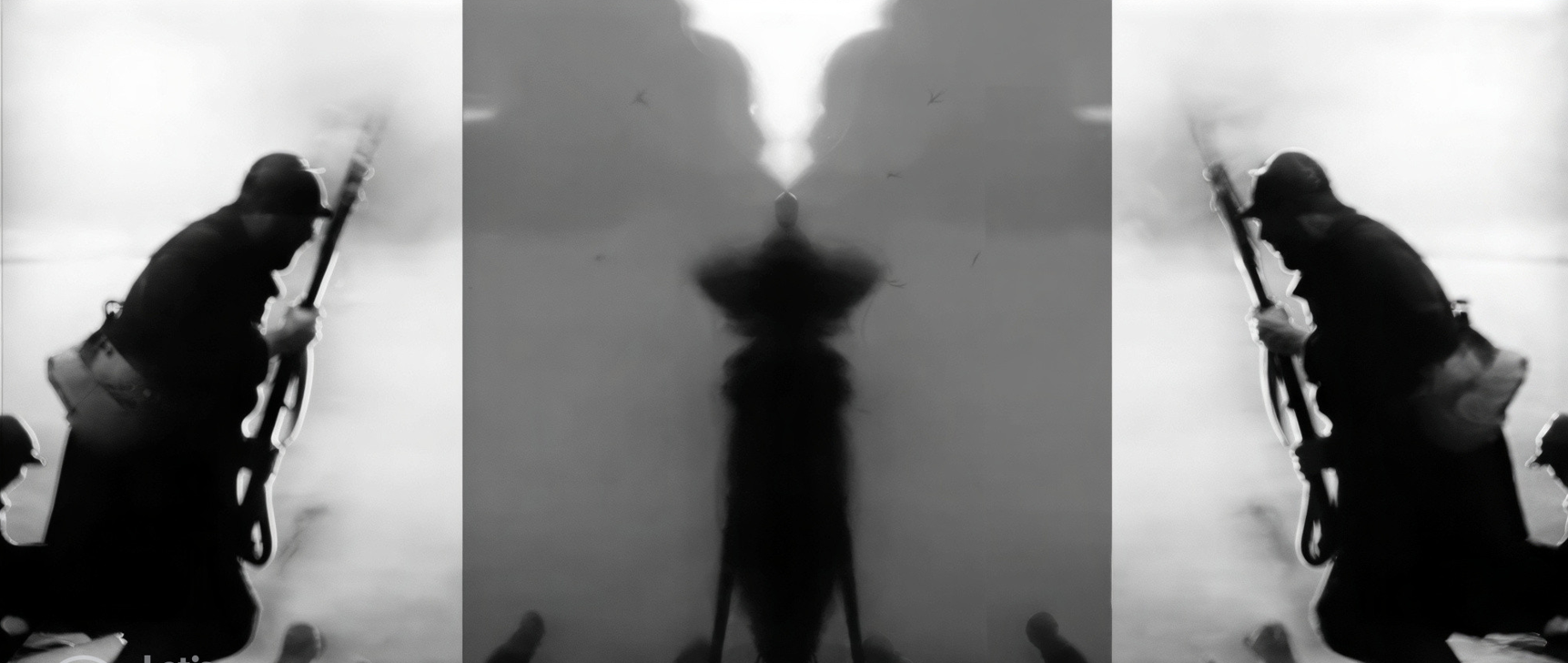 Fotograma en blanco y negro del cortometraje +30 -29, mostrando dos soldados en repetición visual.