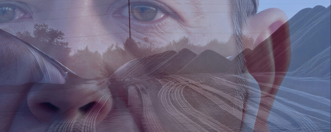 Rostro de un hombre superpuesto con un paisaje industrial, creando una imagen doble exposición que une expresión humana y entorno de trabajo.