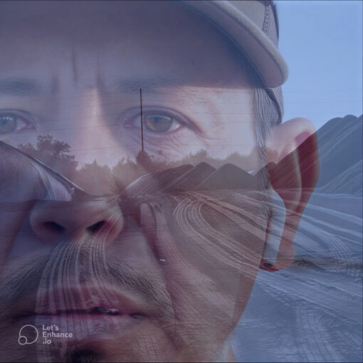 Rostro de un hombre superpuesto con un paisaje industrial, creando una imagen doble exposición que une expresión humana y entorno de trabajo.
