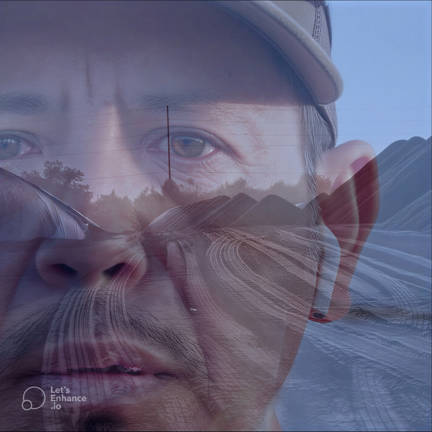 Rostro de un hombre superpuesto con un paisaje industrial, creando una imagen doble exposición que une expresión humana y entorno de trabajo.