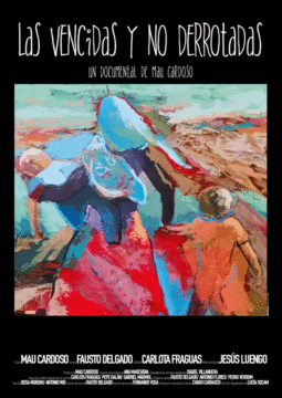 Coloreado dibujo a crayón de una madre que se lleva a un hijo en el colo y al otro de la mano.