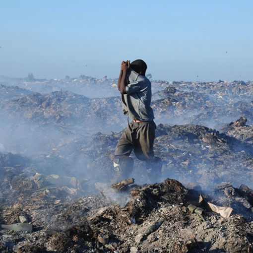 Una persona de espaldas, con los brazos alzados, de pie en un paisaje de vertedero lleno de basura y humo. El cielo es azul y despejado.