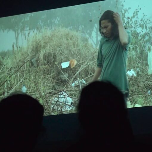 Audiencia viendo una película proyectada en una pantalla, mostrando a una persona con camisa verde entre escombros naturales.