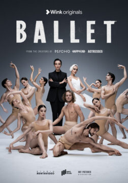 Cartel de Ballet que muestra bailarines y hombres en trajes, representando la elegancia del espectáculo.