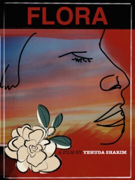 Cartel abstracto de la película "FLORA" con siluetas de rostros, un atardecer y una flor.