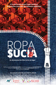 Cartel del documental "ROPA $UCIA" con un patrón de costureras y una cremallera.