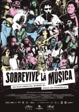 Póster del documental "Sobrevive la Música", que presenta un collage de rostros de personas, algunas con instrumentos musicales, en tonos pastel. El título se destaca en la parte inferior.