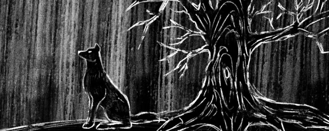 Un perro negro se sienta bajo un árbol sin hojas. La escena en blanco y negro evoca un ambiente misterioso y boscoso.