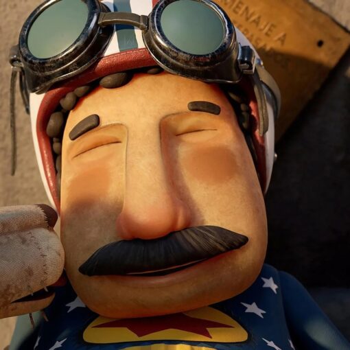 Primer plano de un personaje animado con bigote, casco de aviador y gafas, con los ojos cerrados.