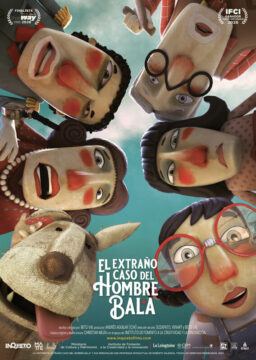 Cartel de la película animada "El Extraño Caso del Hombre Bala" con varios personajes de estilo único.
